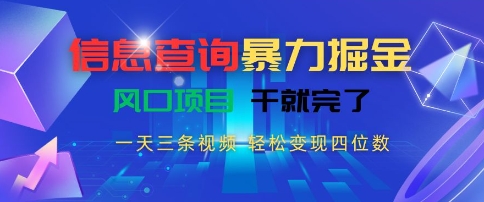 信息查询暴力掘金，一天三条视频，轻松变现四位数，风口项目干就完了【揭秘】-一米多聚合推