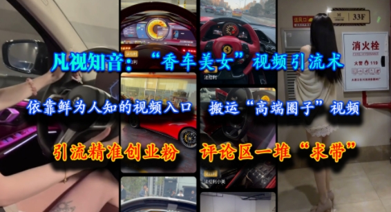 凡视知音：“香车美女”视频引流术，依靠鲜为人知的视频入口，搬运“高端圈子”视频，引流精准创业粉，评论区一堆“求带”-一米多聚合推