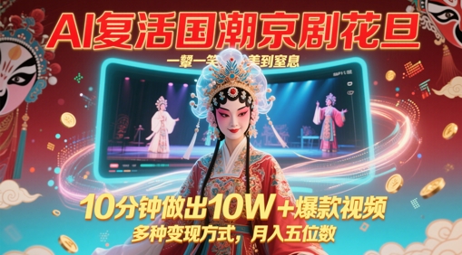 AI复活国潮京剧花旦，一颦一笑美到窒息，10分钟做出10W+爆款视频，多种变现方式，月入五位数-一米多聚合推