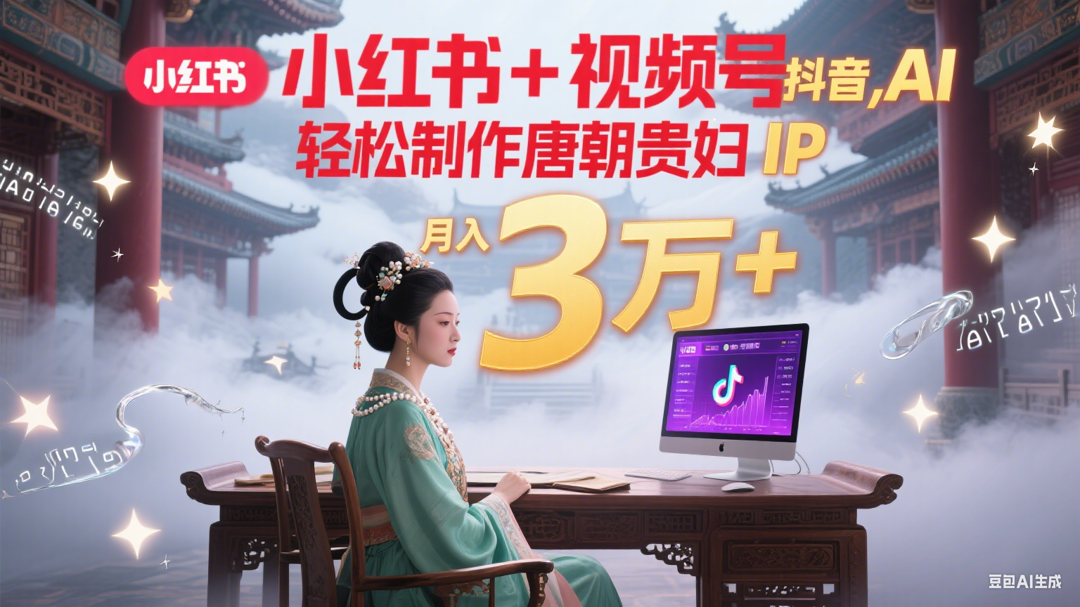 小红书+视频号+抖音，AI轻松制作唐朝贵妇IP，毒鸡汤、励志、减肥瘦身、养生赛道轻松切入，每天30分钟，轻松产出N条，月入3万+-一米多聚合推