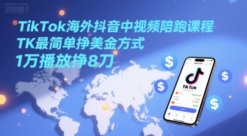 TikTok海外抖音中视频陪跑课程，TK最简单挣美金方式，1万播放挣8刀-一米多聚合推