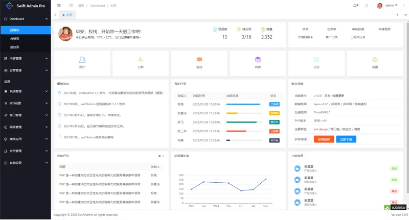 swiftadmin(基于ThinkPHP6 + Layui的开源后台管理系统框架)-一米多聚合推