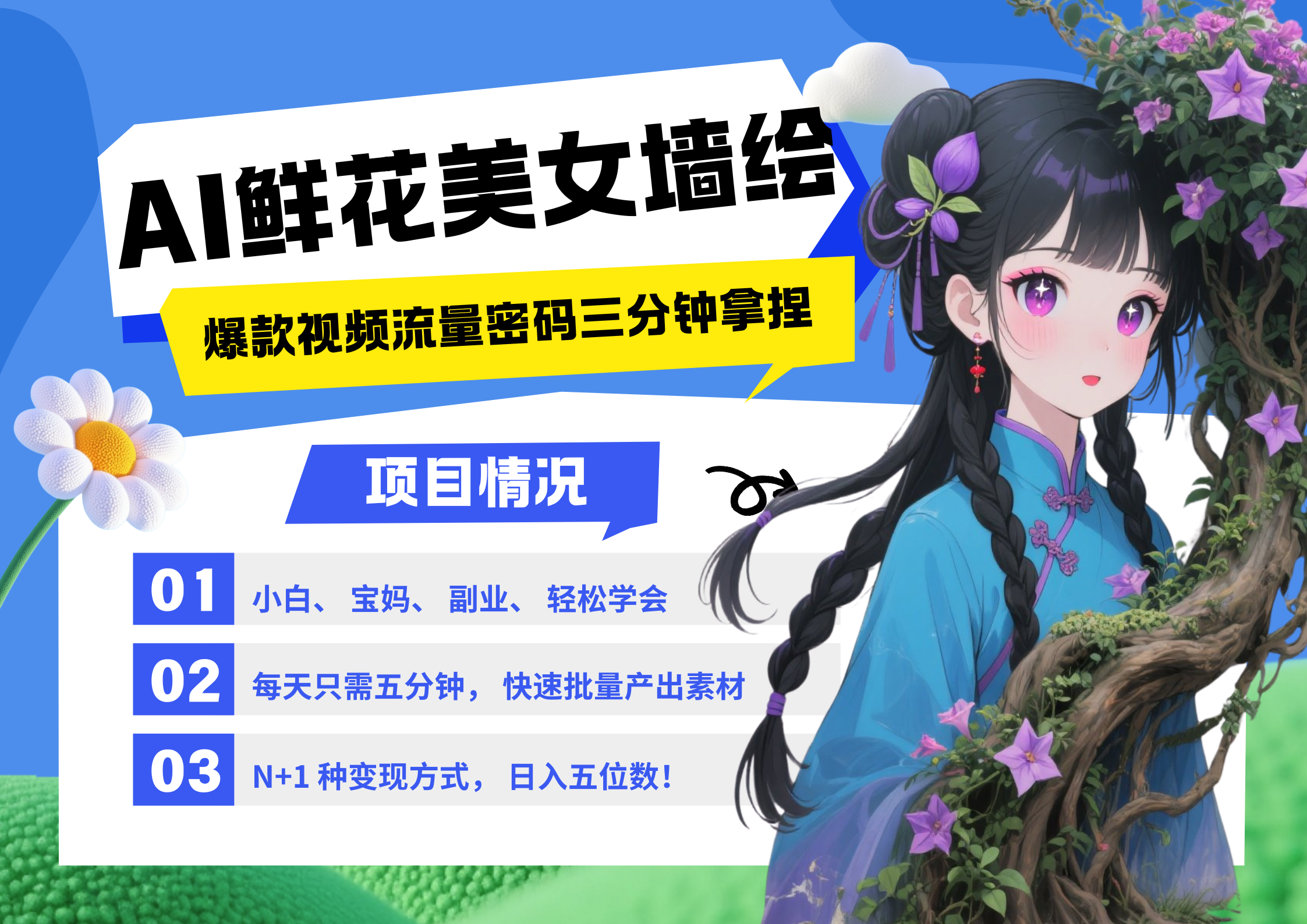 AI+墙绘+美女+鲜花 都是2025最火流量密码 爆款引流视频教程来了小白三分钟学会 N种变现渠道 月入五位数  管道收益-一米多聚合推