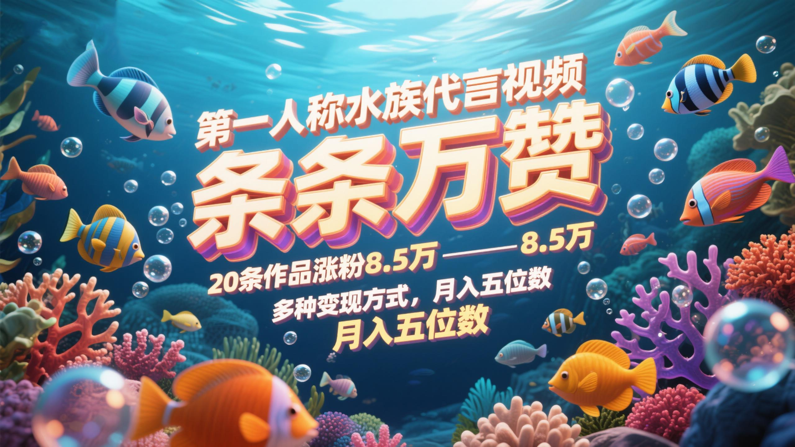 第一人称水族代言视频，条条万赞，20条作品涨粉8.5万，多种变现方式月，入五位数-一米多聚合推