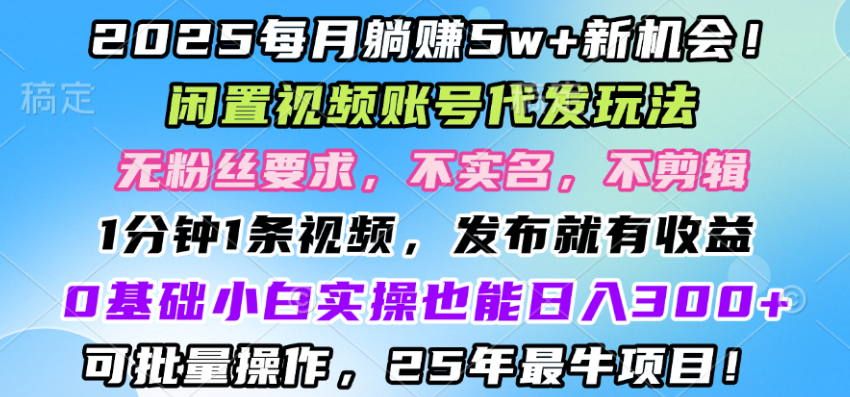 2025每月赚5w+新机会，闲置视频账号一键代发玩法，0粉不实名不剪辑，领了视频直接发，0基础小白也能日入3张-一米多聚合推