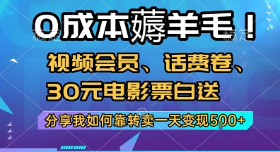 0成本薅羊毛!视频会员、话费卷、30元电影票白送，分享我如何靠转卖一天变现5张+【揭秘】-一米多聚合推